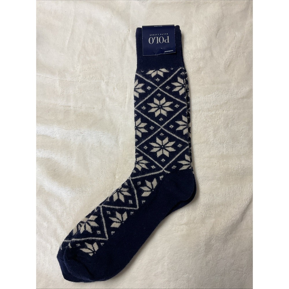 NEW Polo Ralph Lauren Wool Blend Socks Large 10-13 Mens Navy Snowflakes Winter